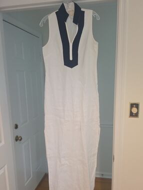 Sail To Sable Sleeveless White Maxi Linen Dress with Navy Contrast Collar